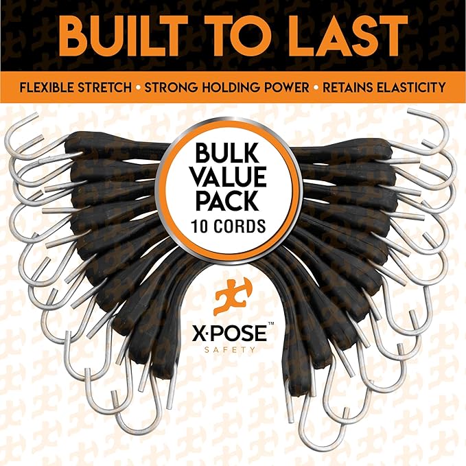 Rubber Bungee Cords with Hooks 10 Pack 31 Inch (47” Max Stretch) Heavy-Duty Black Tie Down Straps for Outdoor, Tarp Covers, Canvas Canopies, Motorcycle, and Cargo - by Xpose Safety