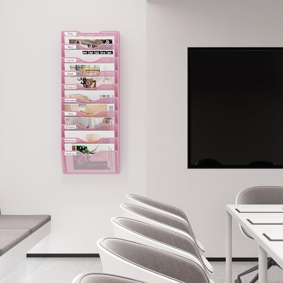 EasyPAG 10 Pocket Mesh Wall File Organizer, Hanging Paper Folder Holder with Classify Label, Vertical Wall Mount Mail Organizer for Office Home Classroom, Pink