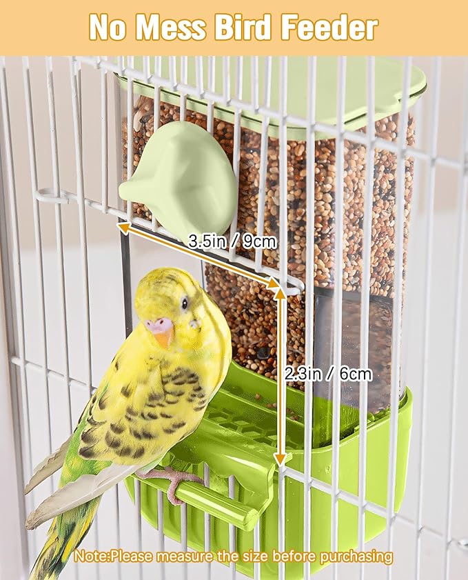 BNOSDM No Mess Bird Cage Feeders Automatic Bird Feeder Parrot Cage Accessories Transparent Seed Food Container with Perch for Finches, Parakeets, Budgies, Lovebirds, Cockatoos, Canaries (Green)