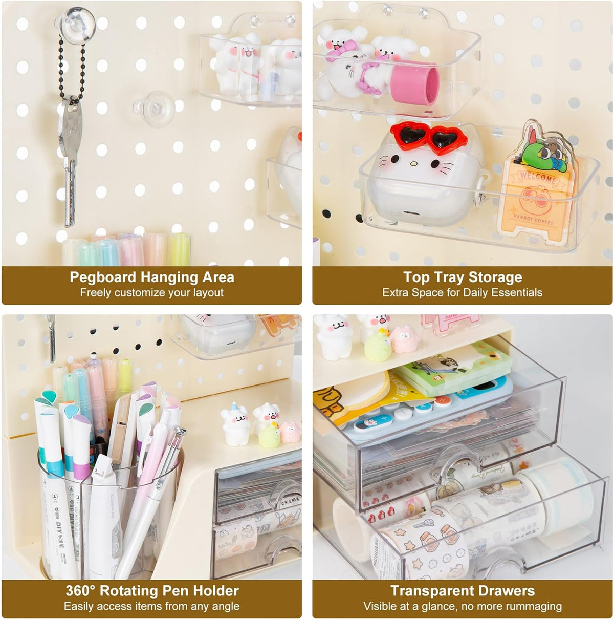 Comix Desk Organizer with 2 Drawer, Beige 360° Rotating Pen Holder for Desk