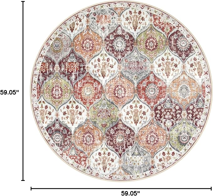 Lahome Moroccan Trellis Washable Round Area Rug, Round Rug 5ft Soft Non-Slip