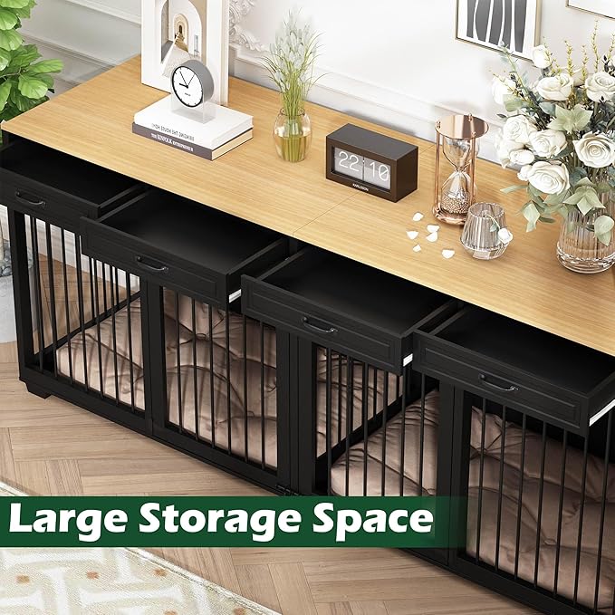 Extra Large Dog Crate Furniture, 93 Inch Heavy Duty Wooden Dog Kennel with Drawers & Removable Divider, Indoor Furniture Style Luxury Double Rooms Dog House for XL Large Dogs, Black