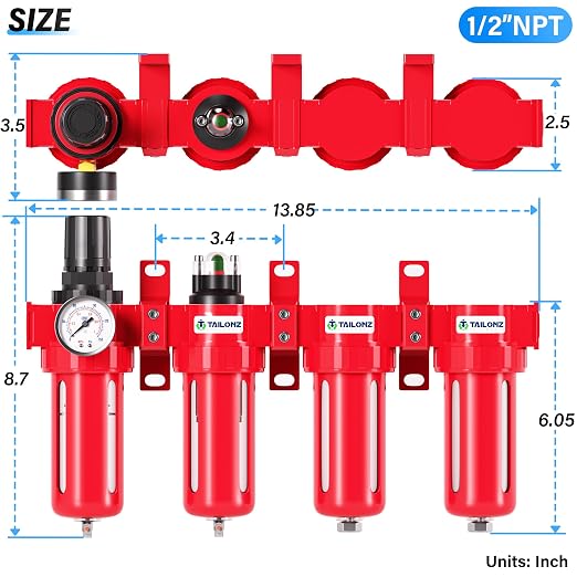 TAILONZ PNEUMATIC 0-150PSI 1/2 Inch NPT Red Industrial Grade 4 Stage Air Drying