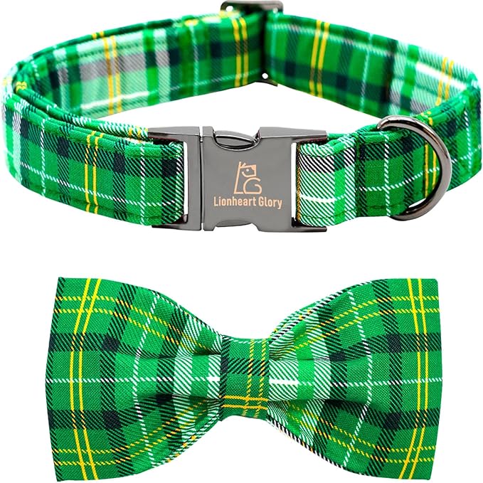 Lionheart glory Dog Bow Collar St. Patrick's Day Dog Collar for Medium Dogs, Adjustable Green Plaid Collars Spring Dog Collar with Bowtie Pet Collar Bows Cute Collars