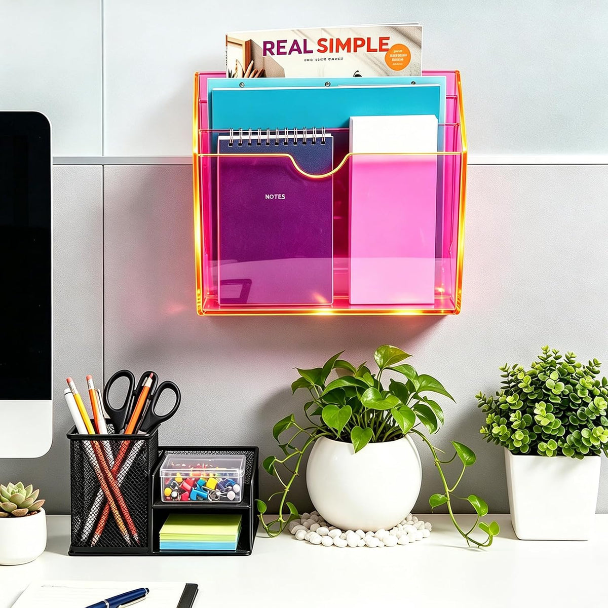 3-Tier Wall File Organizer Acrylic Hanging File Holder Magazine Holder Wall Mount, Neon Pink