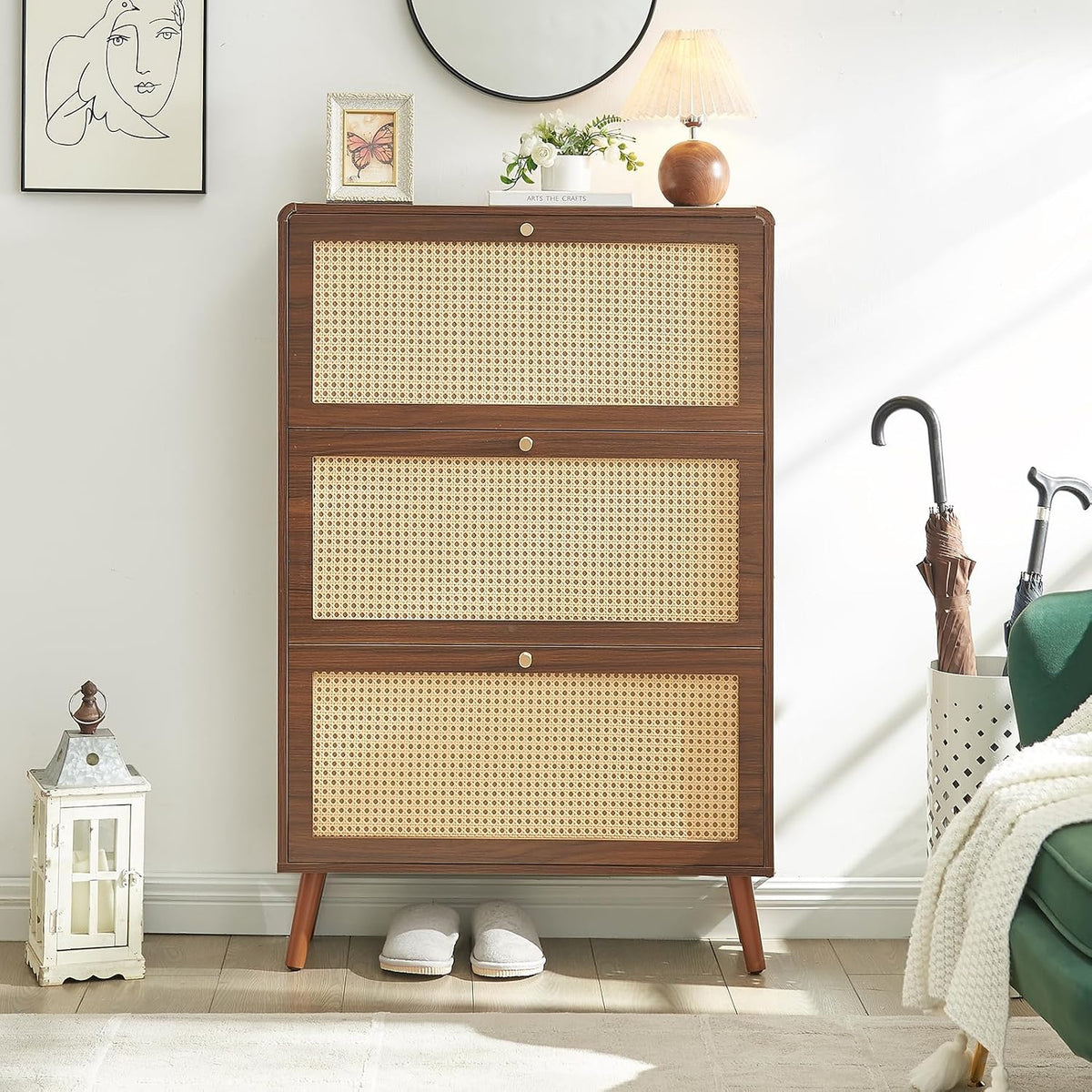 Rattan Shoe Cabinet with 3 Flip Drawers, Walnut Slim Shoe Storage