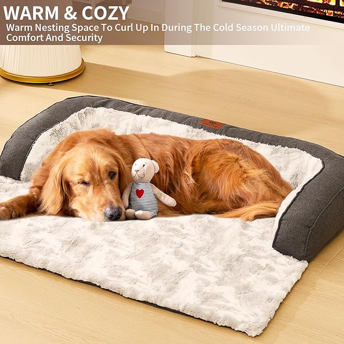 Dog Couch Bed for Large Dogs Cats Fluffy Calming Dog Bed Mat Washable Pet Couch Covers Protector for Sofa Removable Pet Sofa Beds for Bedroom with Anti-Slip Waterproof Back 45x37 Inch XL Size (Grey)