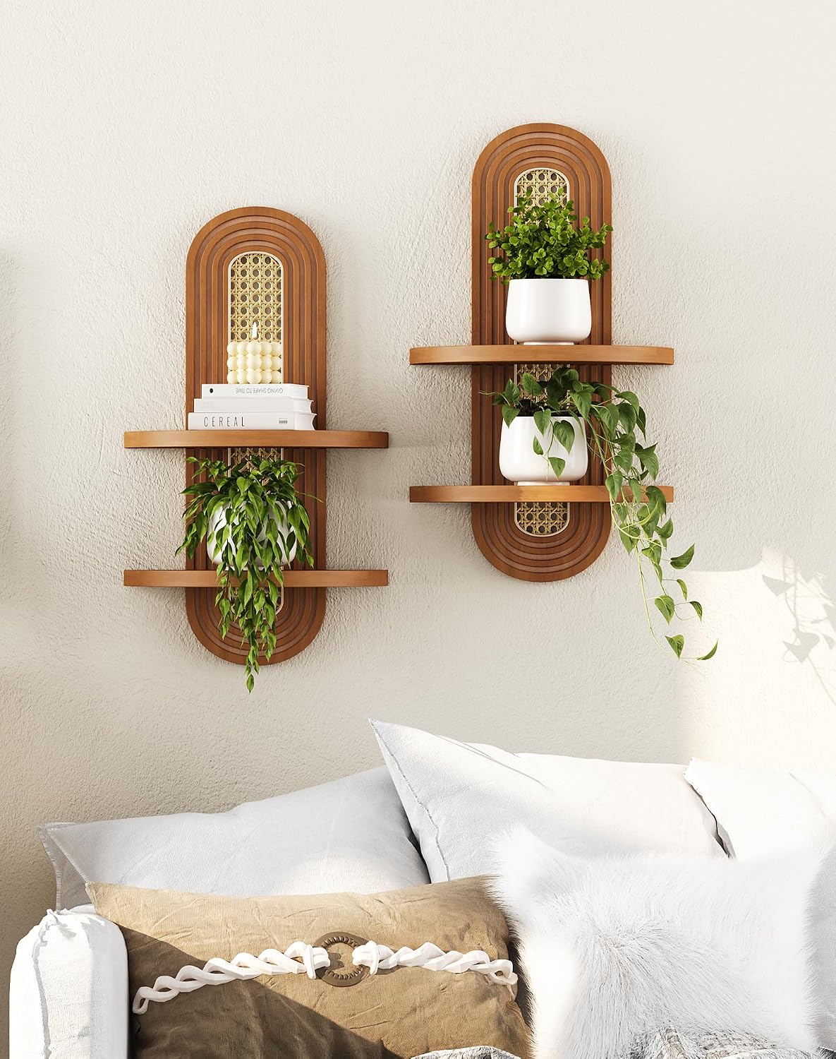 Floating Shelves for Wall,Boho Home Wall Decor,2-Tier Rattan Plant Shelf,Mid Century Hanging Small Decorative Shelf,Natural Wood Shelves for Living Room,Bedroom,House,Office,2-Pack (Walnut)