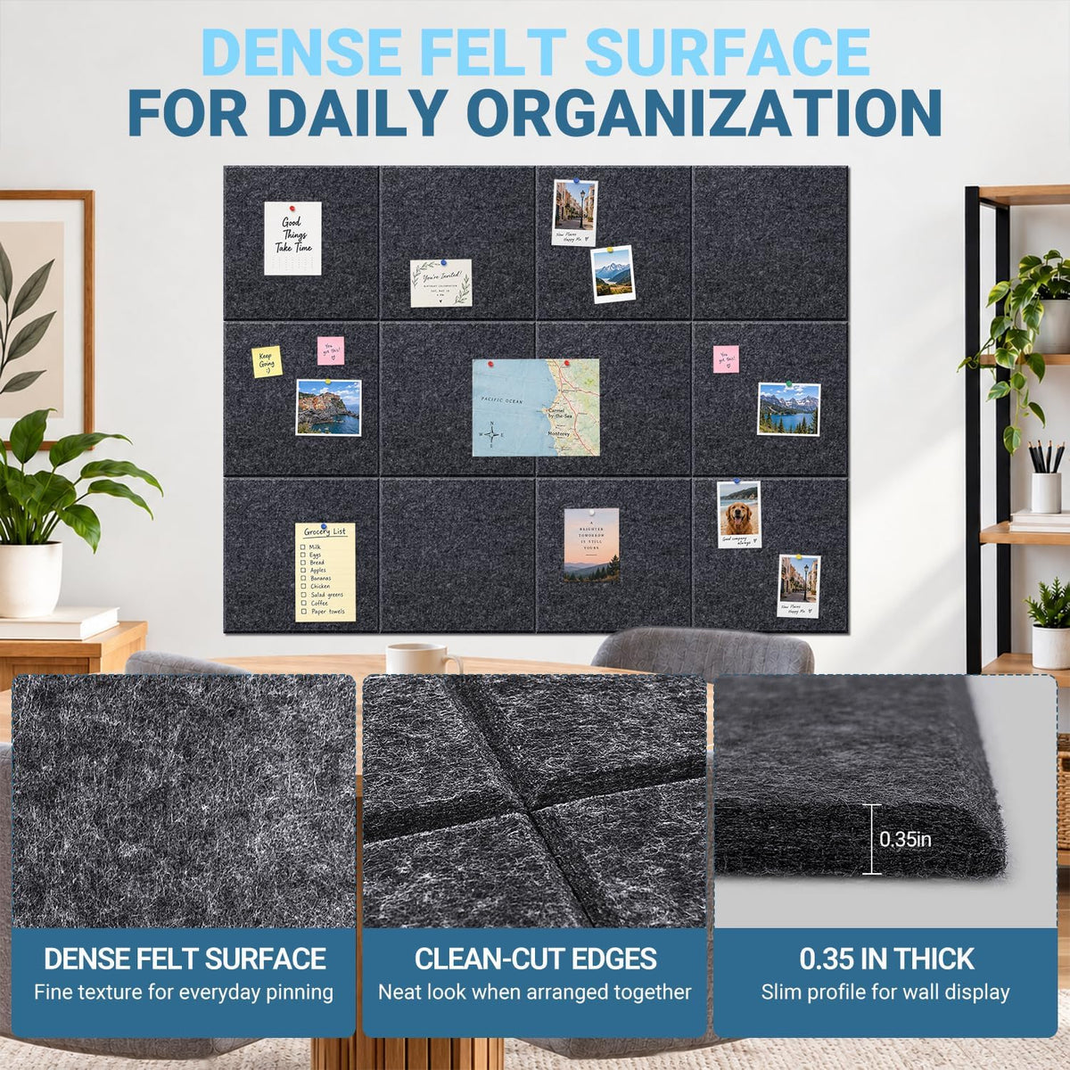 Hiksuky EcoCork Pro 48"x36" Modular Felt Wall Panels - 12 Pack Recycled Felt Tiles with Damage-Free Adhesive, Customizable Cork Board Alternative for Office & Home Decor Gray