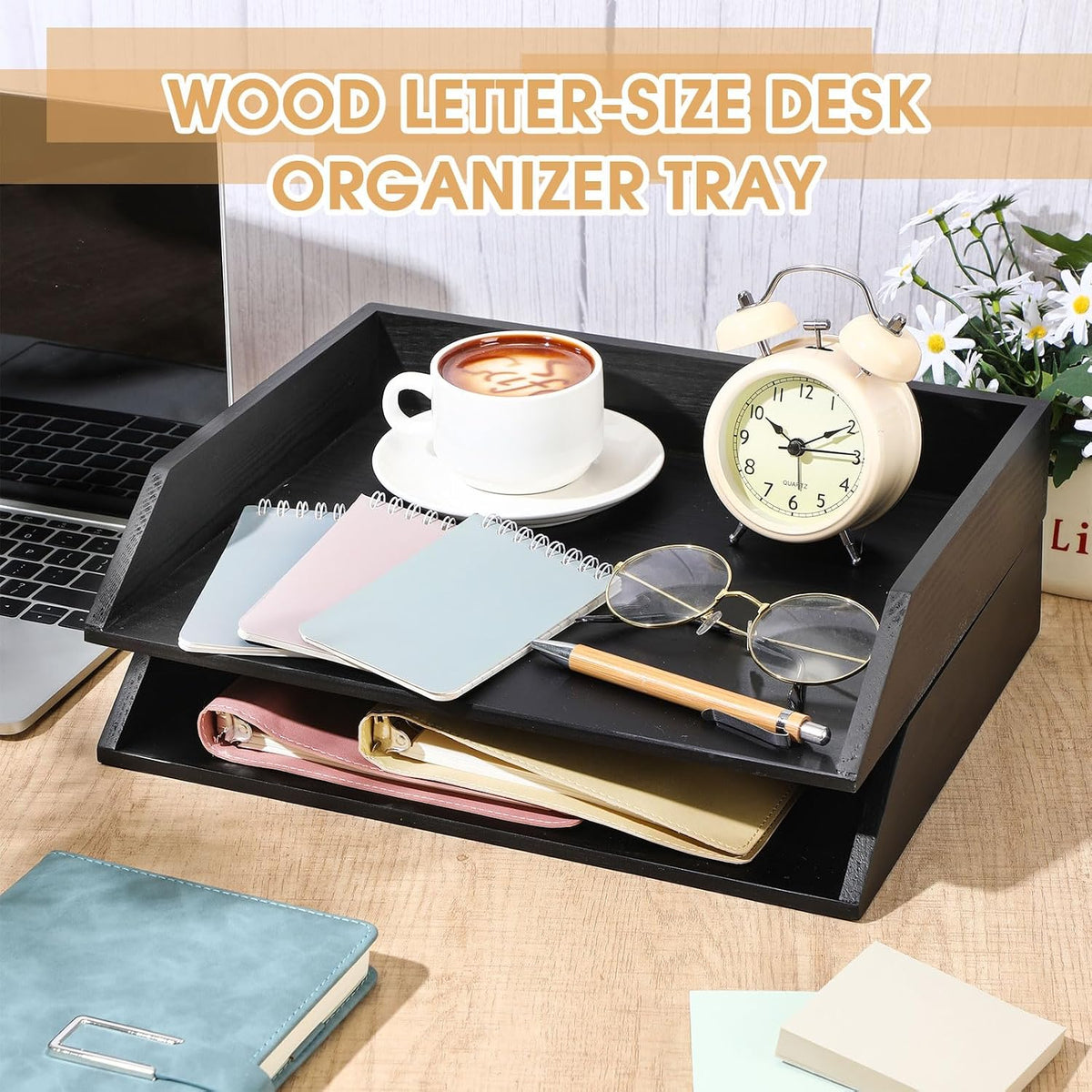Beeveer 2 Pcs Black Wood Letter Tray Wooden Desk Paper Organizer 2 Tier Stackable Load Documents Desktop Tray Drawer File Folder Magazine Office Accessories for Home Office Back to School