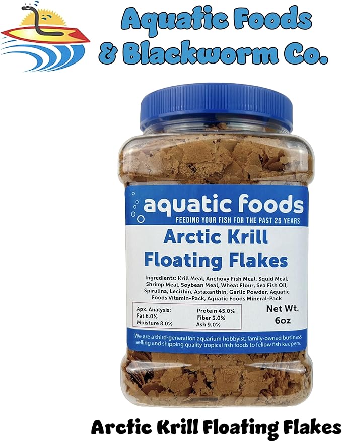 Aquatic Foods Inc. Arctic Krill Flakes with Natural Carotenoids & Astaxanthin to Enhance The Vibrant Colors of Fish, for All Tropical and Marine Fish Also Pellet Mix, Wafer Mix Included…6oz