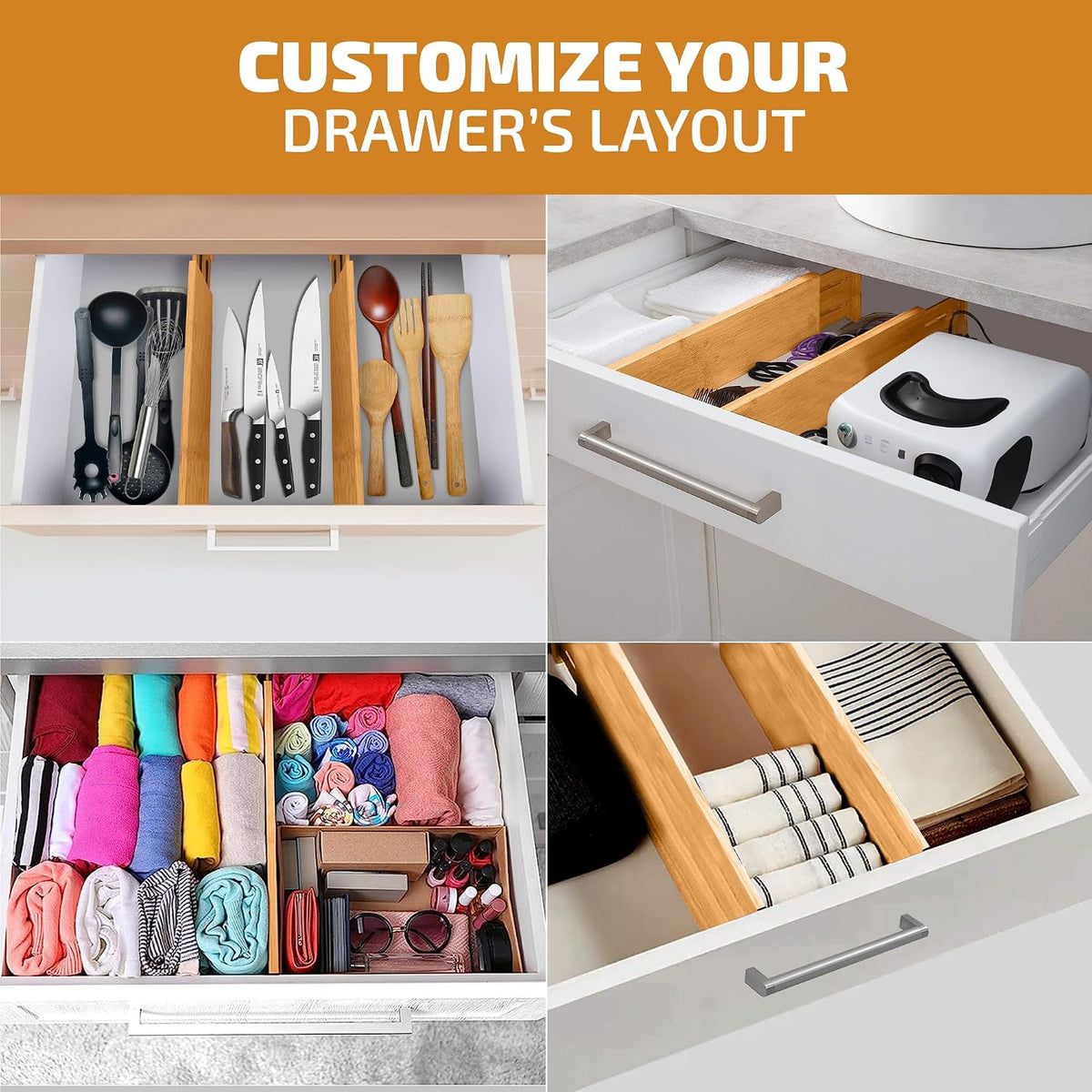 6-Pack Deep Drawer Dividers 4-Inch High Dresser Drawer Organizer, Bamboo