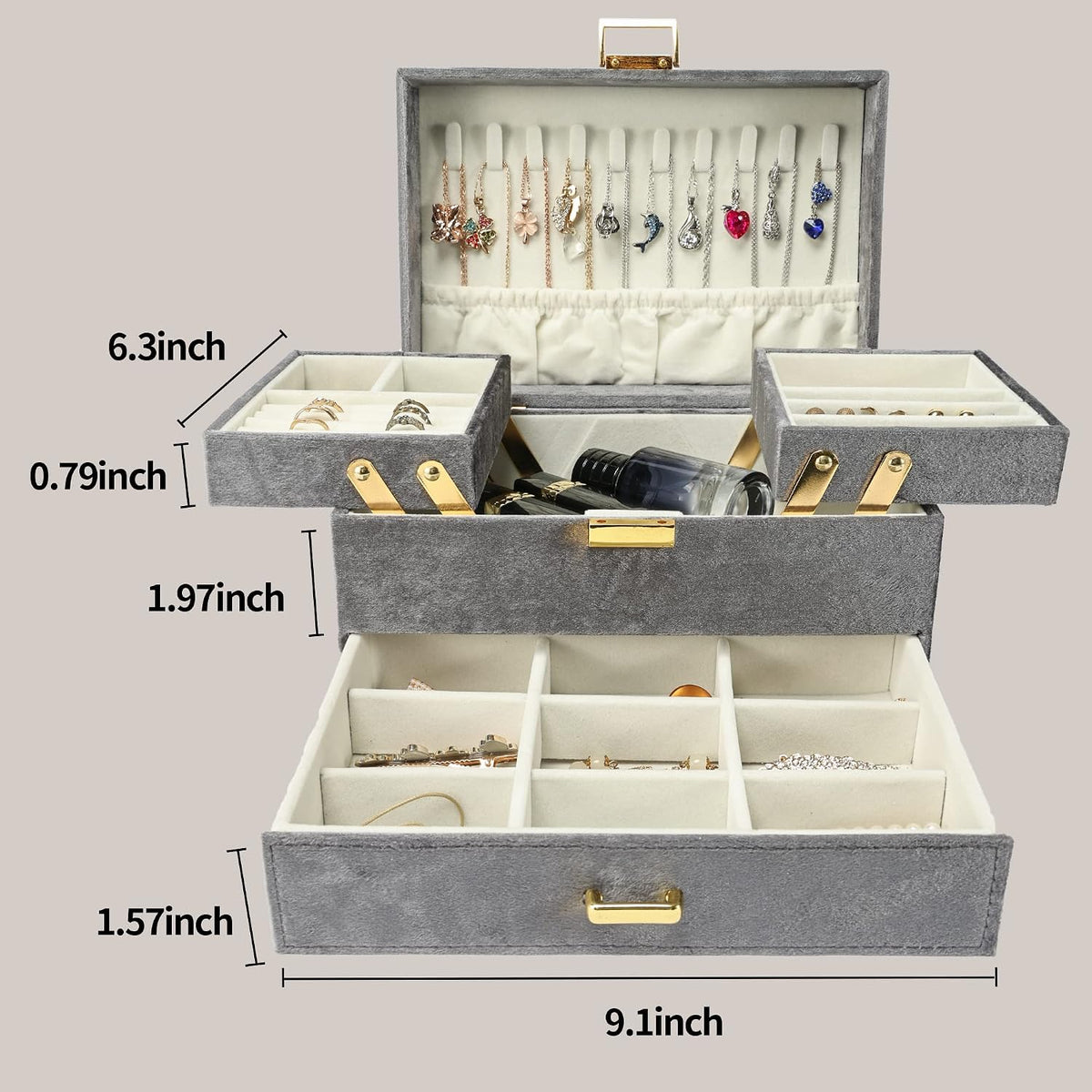 Dajasan Jewelry Organizer Box, Large Velvet Jewelry Boxes for Women Girls, Space-Saving 3 Layers Jewelry Storage Case with Drawer, Movable Metal Stand, Modern, Gift Idea (Grey)