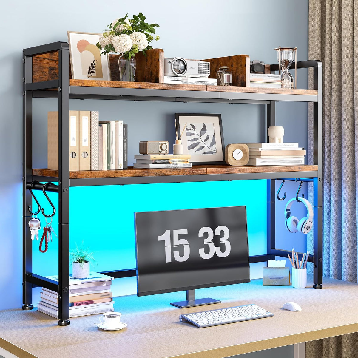 REIBII 2-Tier Desk Shelf with LED for Bedroom and Home Office, Rustic Brown