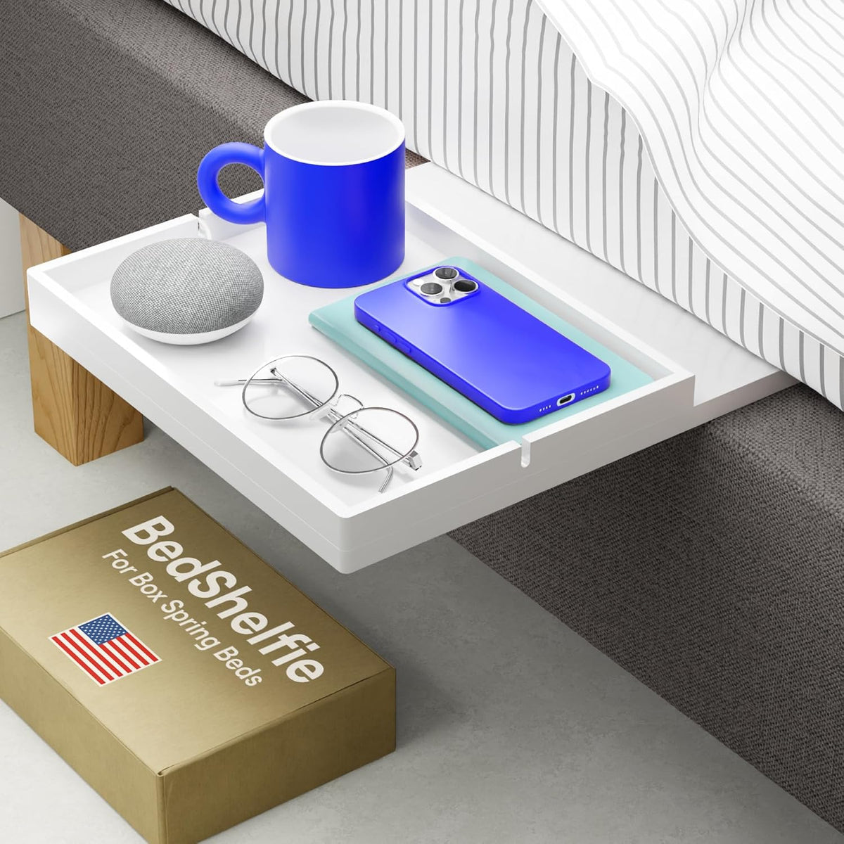 BedShelfie Bedside Shelf for Dorm Room - White Wood Slide