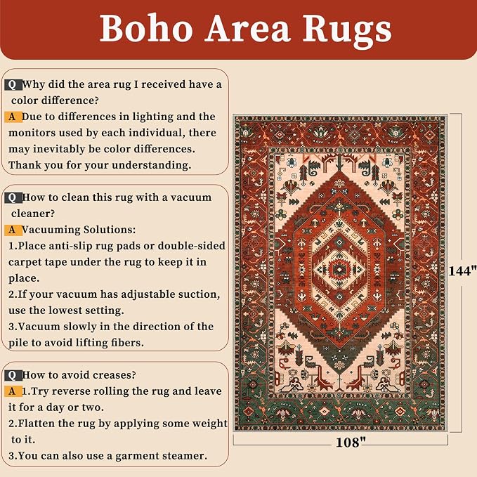 SERISSA 9x12 Area Rugs for Living Room, Large Washable Non-Slip Boho Rug