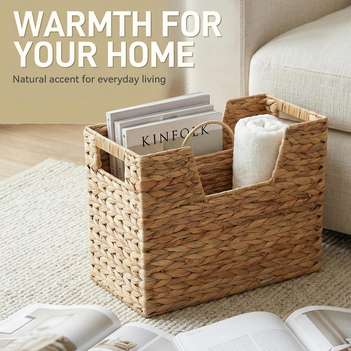 Wicker Magazine Basket with Handle, 2 Compartments