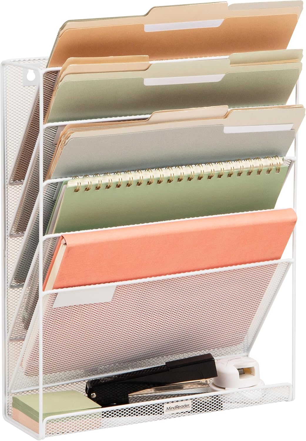 Mind Reader 5-Pocket Vertical File Storage, Desktop Organizer, Wall Mount, Office, Metal Mesh,White