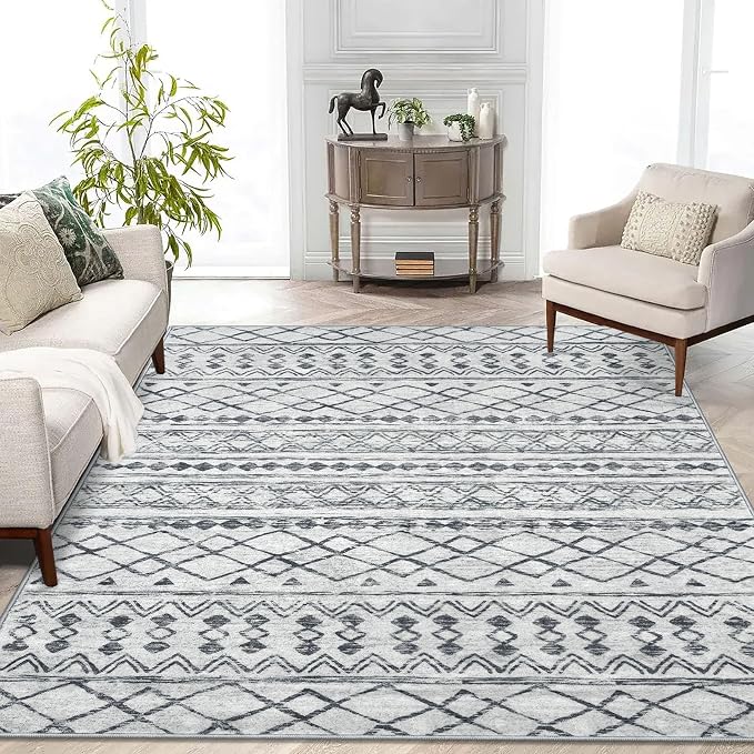 KUTA Area Rug 5x7 Grey, Washable Boho Large Living Room Moroccan Rugs Non-Slip
