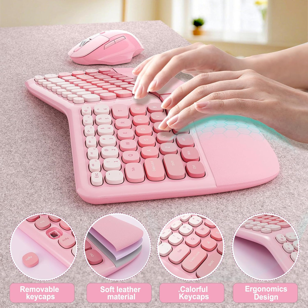 Ergonomic Wireless Keyboard Mouse, Gaming Typewriter Set with Wrist Rest