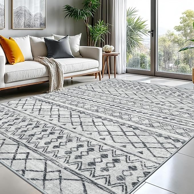 KUTA Moroccan 8x10 Rugs for Living Room Grey, Washable Boho Area Rug Non-Slip