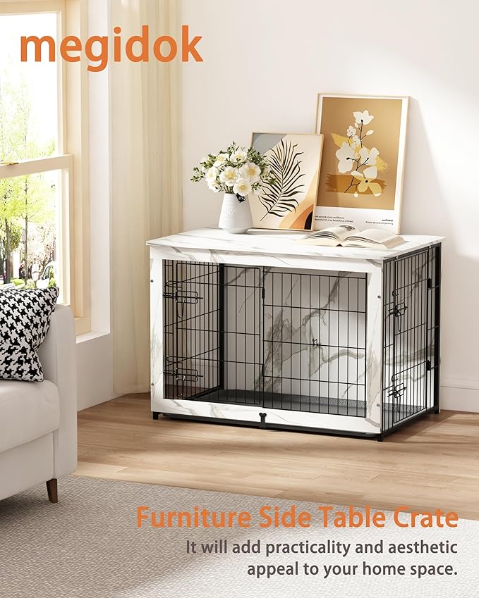 Megidok Wooden Dog Crate Furniture with Cushion,Large Dog Crate End Table with Tray, Double Doors Kennels Indoor (37" L*25" W*26" H, Marble White)