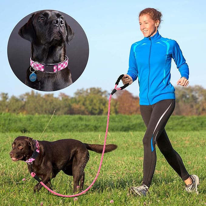 Reflective Dog Collar Padded with Soft Neoprene Breathable Adjustable Nylon Dog Collars for Small Medium Large Dogs (X-Small (Pack of 1), Pink Plaid Collar+Leash)