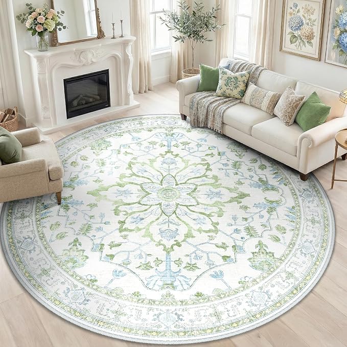 RELEANY Area Rugs Round 8ft Washable Non-Slip, Floral Vintage Distress