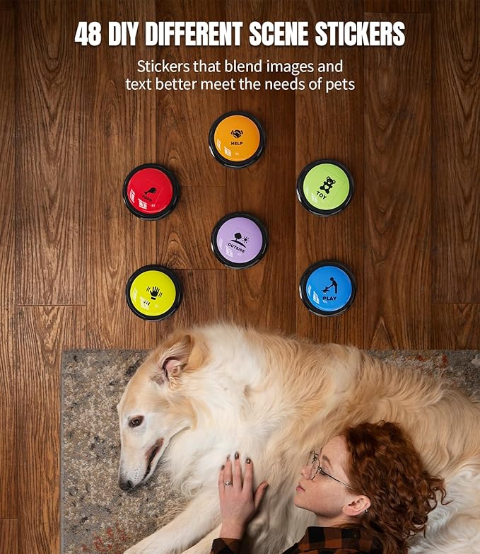 6 Pcs Dog Buttons for Communication Pet Training Buzzer, 30 Second Voice Recording Button, Dog Talking Button Set with 6 Color Anti-Slip Mat and 48 Scene Stickers