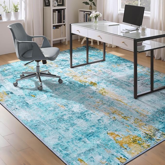Ompaa Living Room Rug 5x7 Teal Blue Area Rug Machine Washable Boho Rug Non Slip