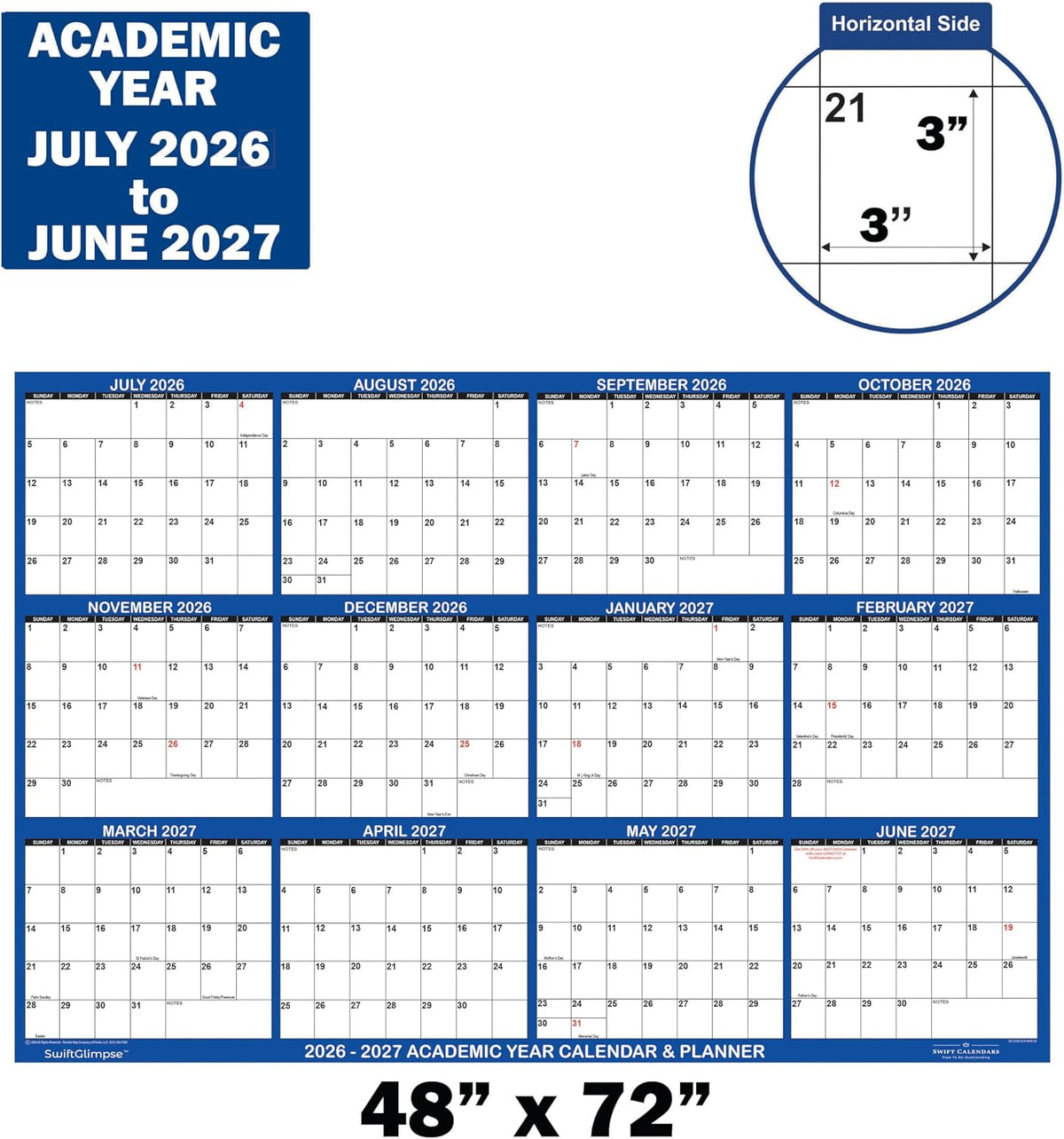 47" x 72" SwiftGlimpse 2026-2027 Academic Wall Calendar Erasable Large Jumbo Oversized Wet & Dry Erase Laminated 12 Month Planner, July 2026 to June 2027 ONLY - NAVY