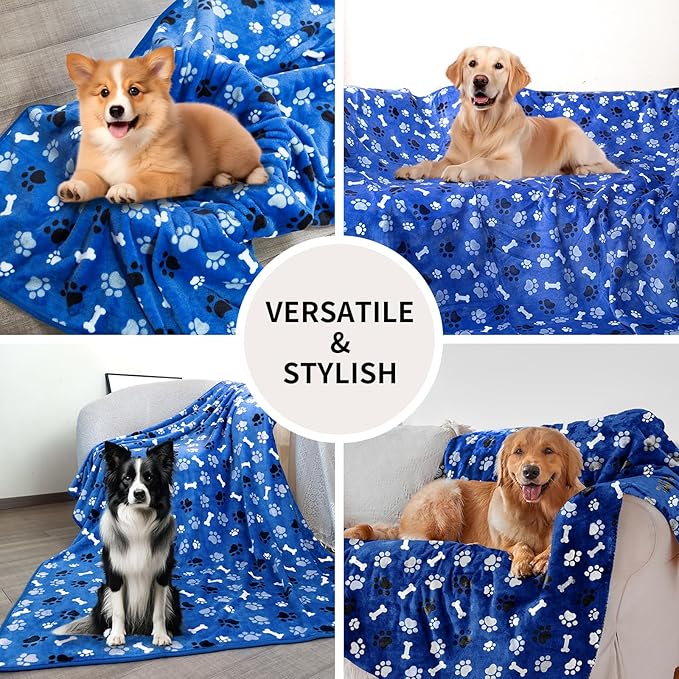 Dog Blanket Paw Bone Pattern 1 Pack 2 Super Soft Warm Flannel Sofa Cover Car Bed Protector, Urine Proof Washable Outdoor Pet Blanket for Puppy Large Dogs & Cats,60"*50" Blue