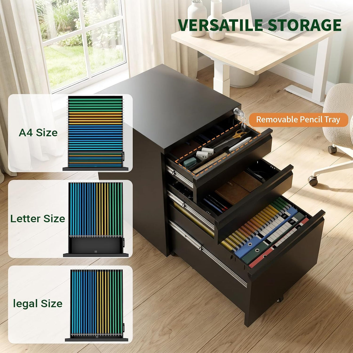 3 Drawer Metal File Cabinet with Lock & Rolling Casters