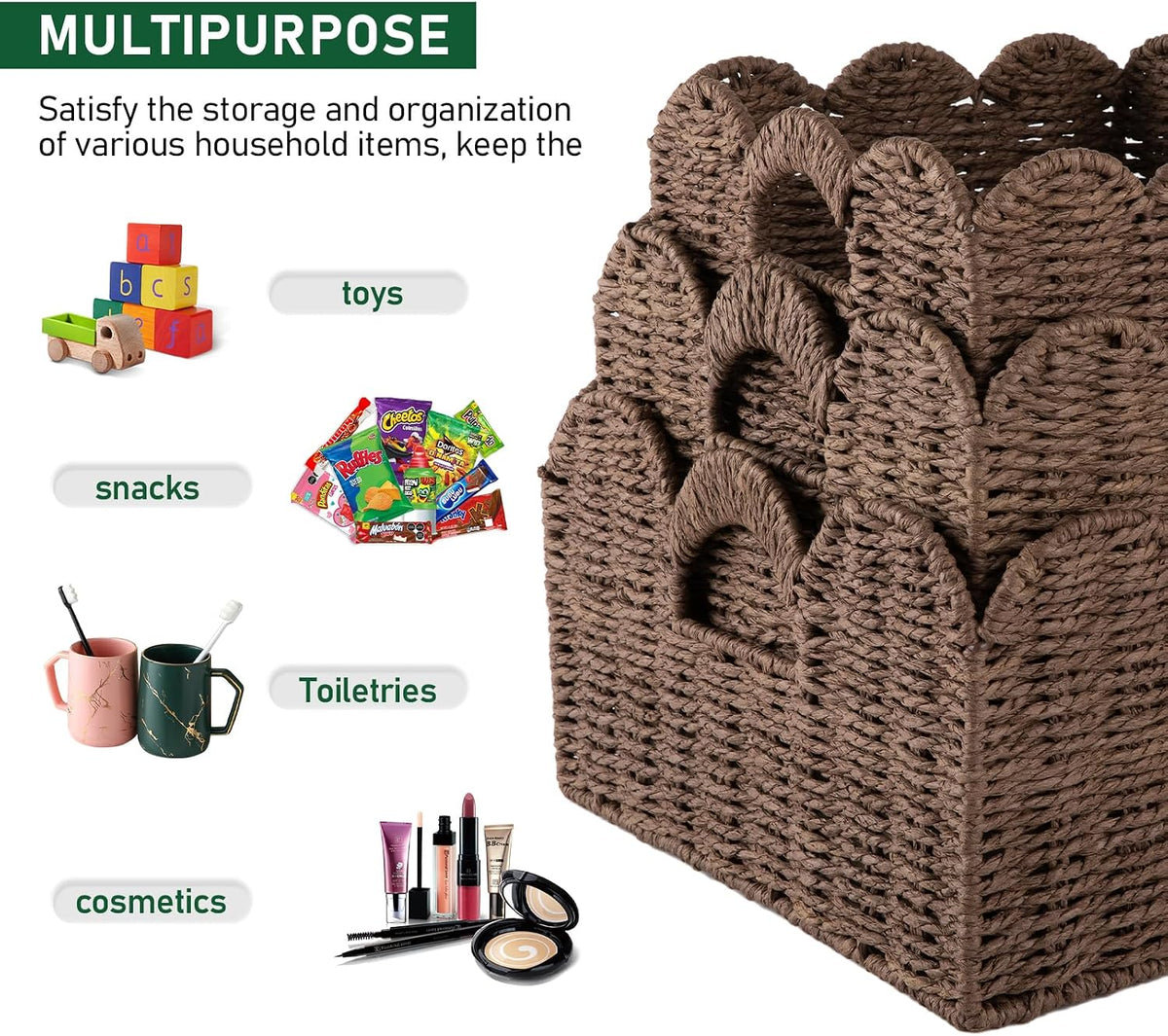 OIAHOMY Scalloped Wicker Baskets, Hand-woven Storage Baskets with Built-in Handles, Paper Rope Shelf Baskets for Organizing and Decoration, Set of 3-Brown