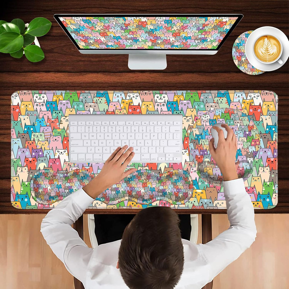 Mouse Pad,Large Pink Desk Mat, 4in1 XXL Mousepad + Keyboard Wrist Rest+Mouse Wrist Rest+Coaster Set with Ergonomic Desk Pad for Home Office Table Computer-Colorful Cats