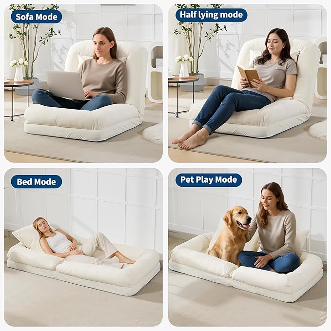 GarveeHome Human Dog Bed for Adult, Comfy Lazy Sofa Bed with 2 Pillows & 5 Adjustable Position, Chenille Upholstered Lounge Chair for Living Room Bedroom Beige