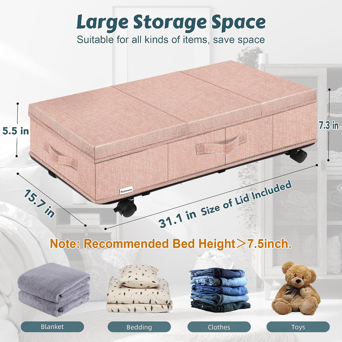 Supowin Under Bed Storage with Wheels, 2Pack Rolling Underbed Storage
