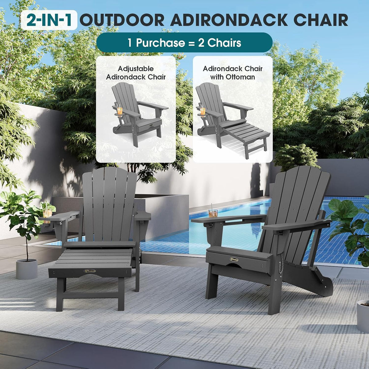 THOEOE Adirondack Chairs with Footrest, Folding HDPE Chairs Set of 2