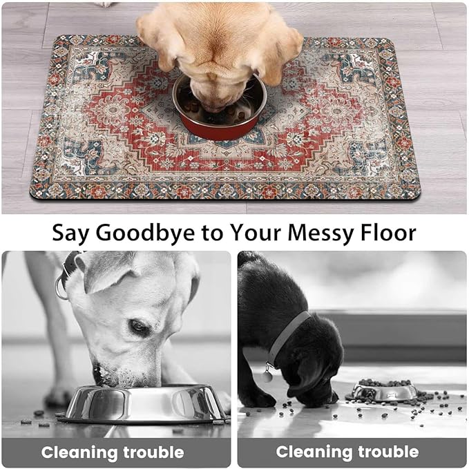 Dog Food Mats for Floors, Absorbent and Quick-Drying Pet Cat Food Mat,Anti-Fouling and Easy-to-Clean Pet Feeding Mat,Dog Bowl Mat for Messy Drinking Water Bowls.17 x27, Bohemia Style