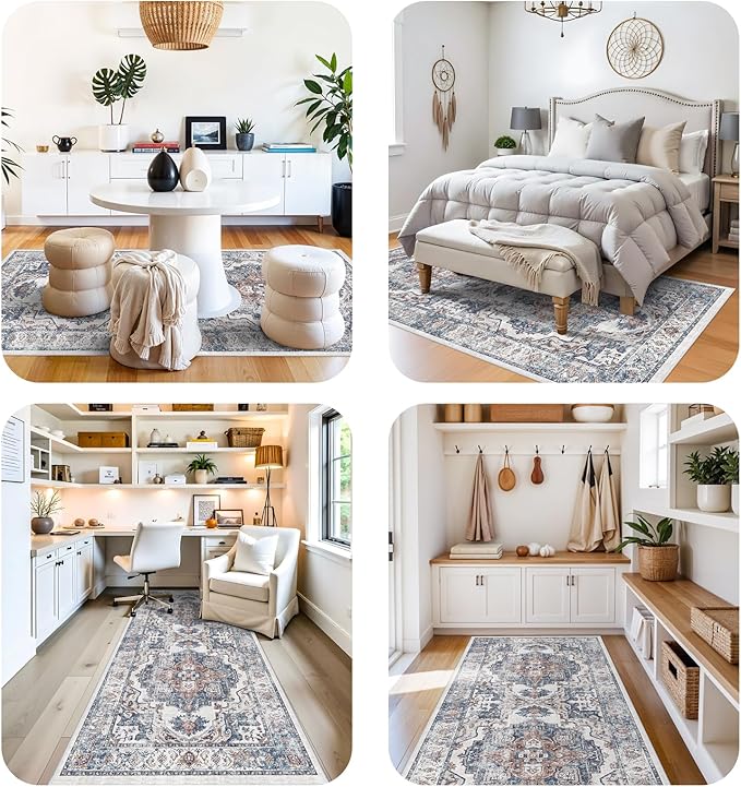 Washable 4x8 Hallway Area Rug: Vintage 8ft Water Resistant Soft Runner Rug