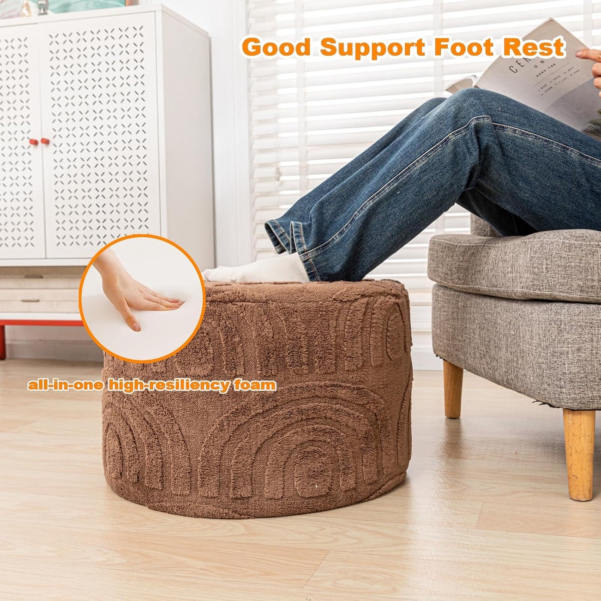 Asuprui Round Ottoman Pouf Foot Stool, Coffee 20x14 in,Sofa Couch Foot Rest