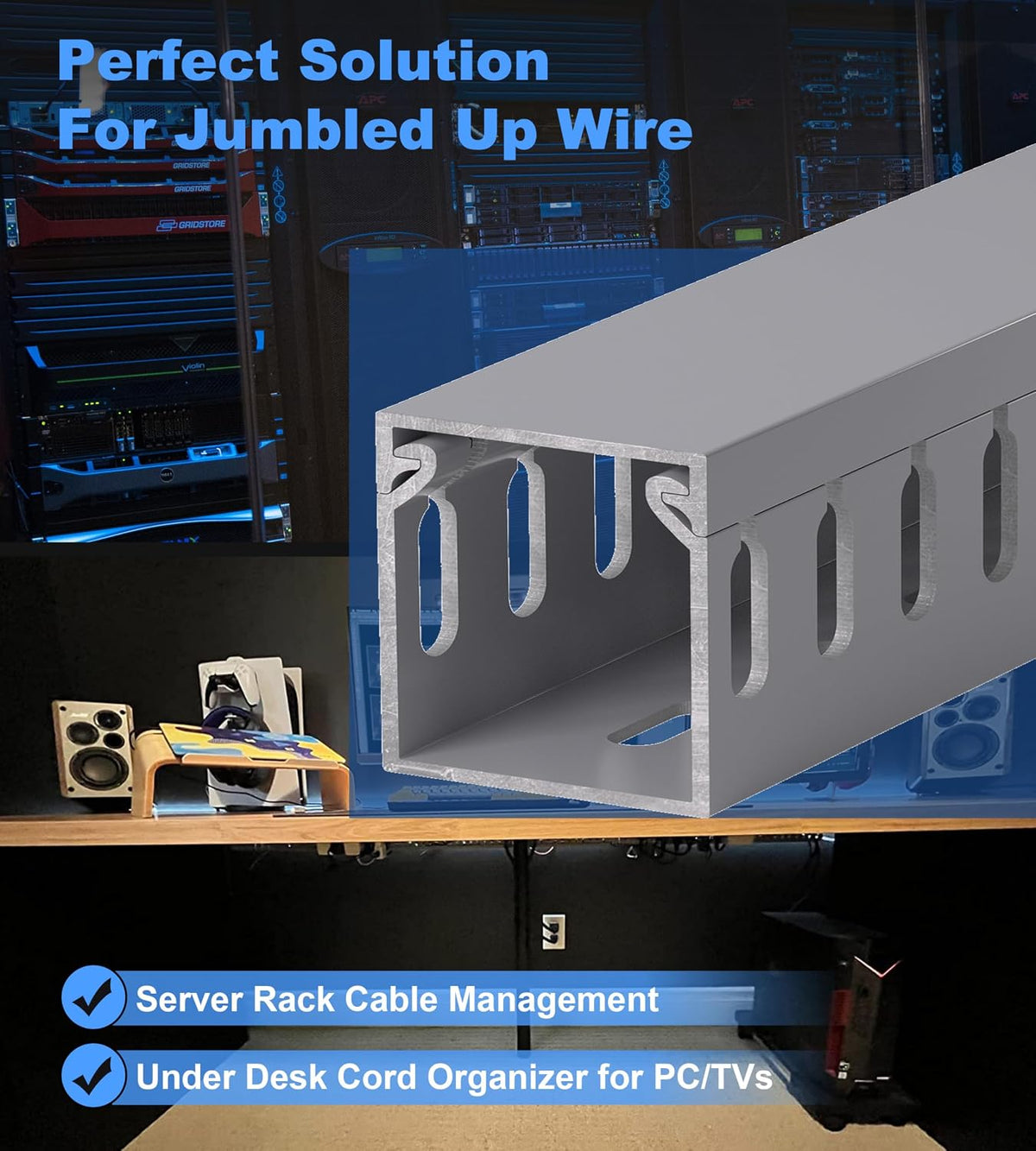 1.6"H x 1.6"W Cable Raceway, 12ft Under Desk Wire Management Channel, Black