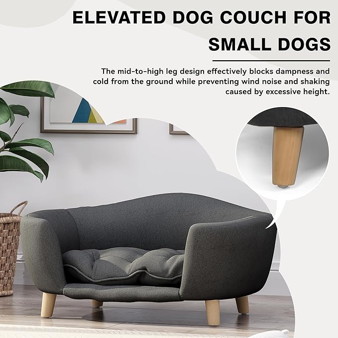 Dog Sofa Couch Bed for Small Dogs, Durable Fabric Rectangle Pet Sofa with Soft Cushion, Modern Elegant Elevated Mini Dog Couch Bed with Backrest and Armrests, Dark Gray