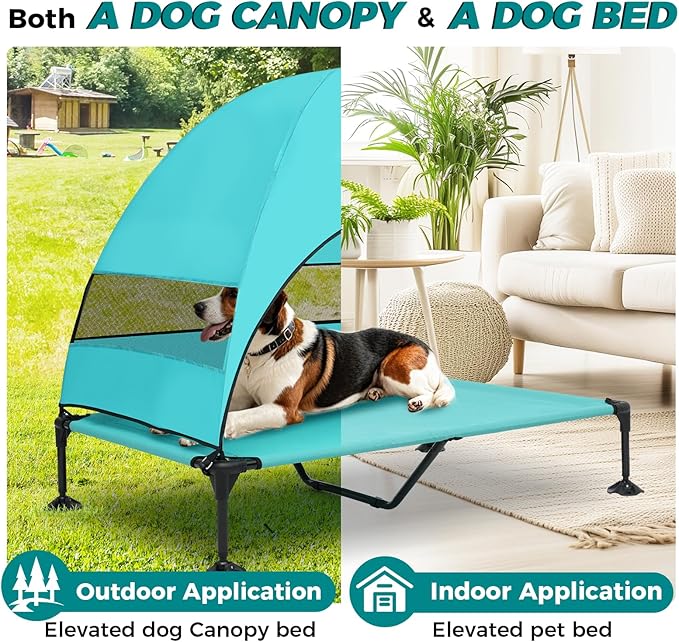 Windproof Elevated Dog Bed with Canopy & Stakes, 3-Sided 90% UV Block, Chew-Proof Teslin Mesh Mat for Large Dogs up to 150lbs(Blue X-Large)