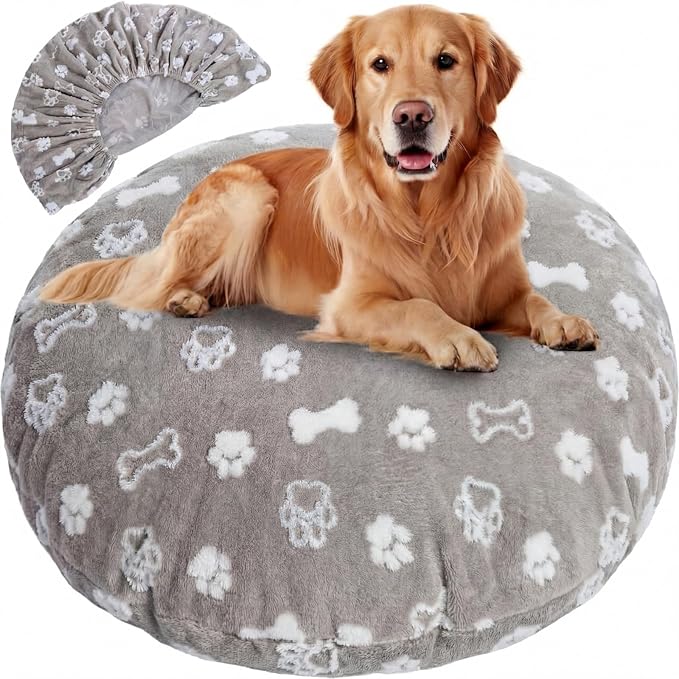 Oudain Washable Round Dog Bed Cover 45" x 45" x 11" Gray Paw Bone Prints Waterproof Dog Bed Cover Replacement for Round and Donut Dogs Beds Scratch Resistant Mattress Protector