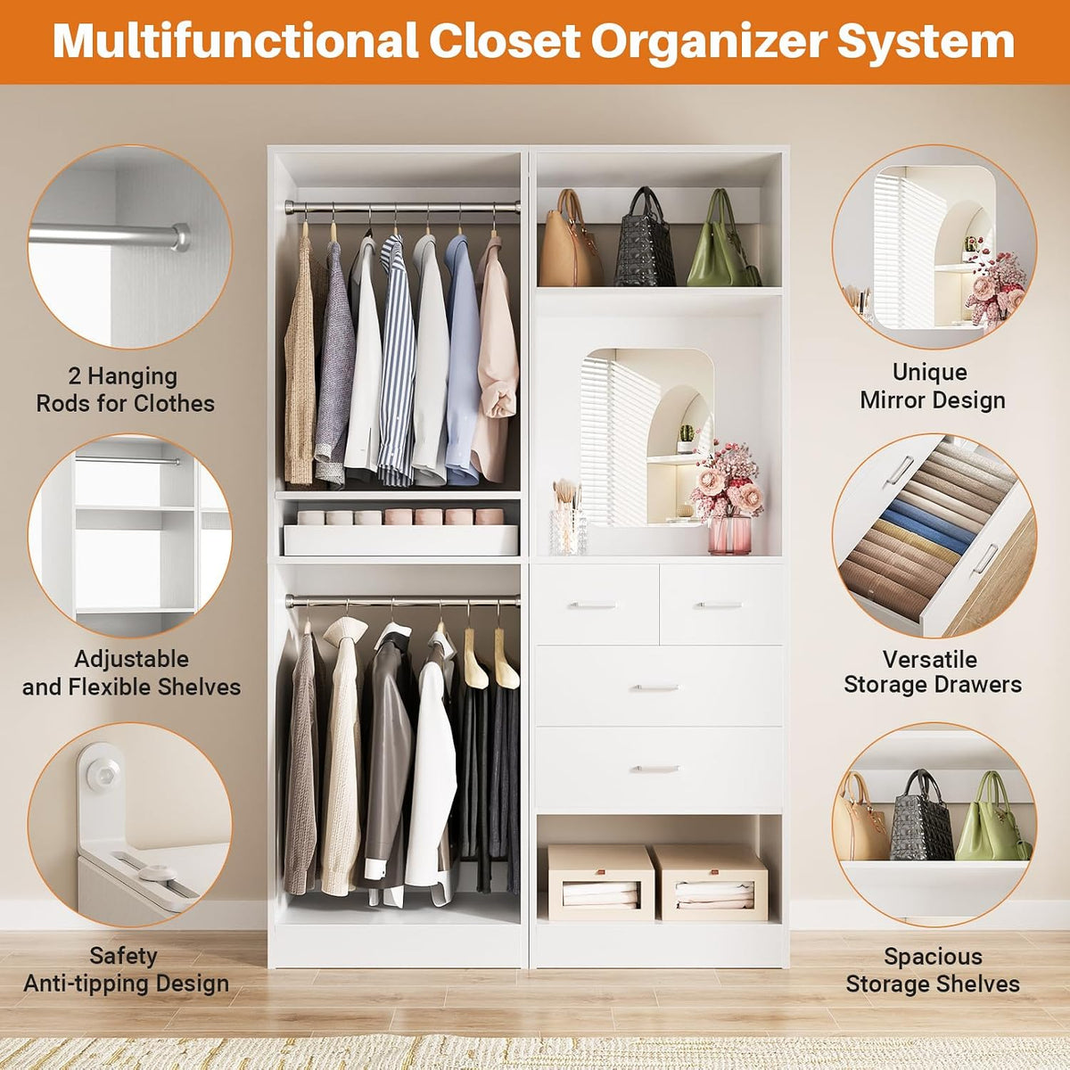Unikito 50” Closet System with 4 Drawers, 4.2FT Wood Closet Organizer with Hanging Rods and Mirror, Reversible Small Walk in Closet Wardrobe, Adjustable Sturdy Clothes Garment Rack, Set of 2, White