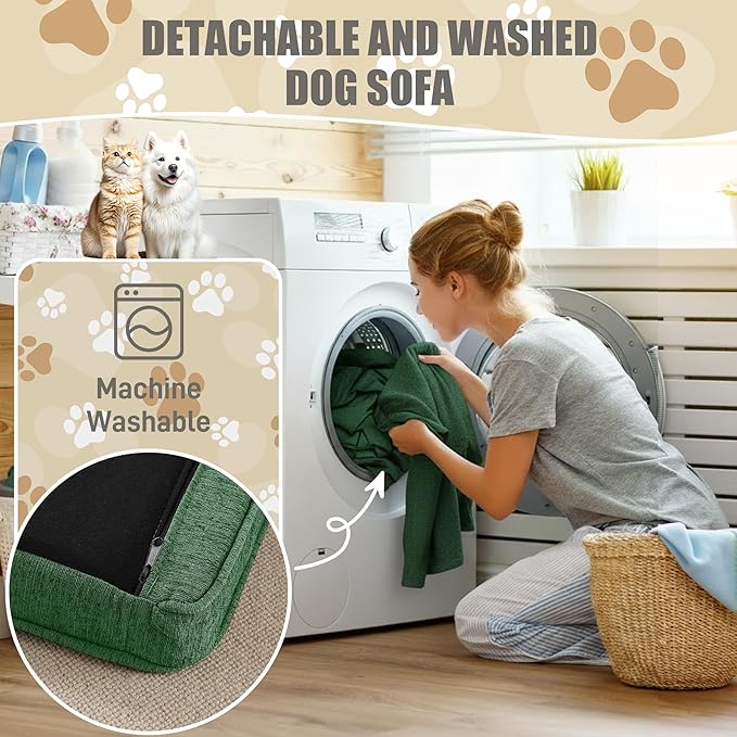 Dog Sofa Couch for Medium and Large Dogs, Memory Foam Dog Sofa Couch with Washable Fabric, Durable Elevated Pet Bed with Legs, Removable Cushion for Medium to Large Dogs, Green