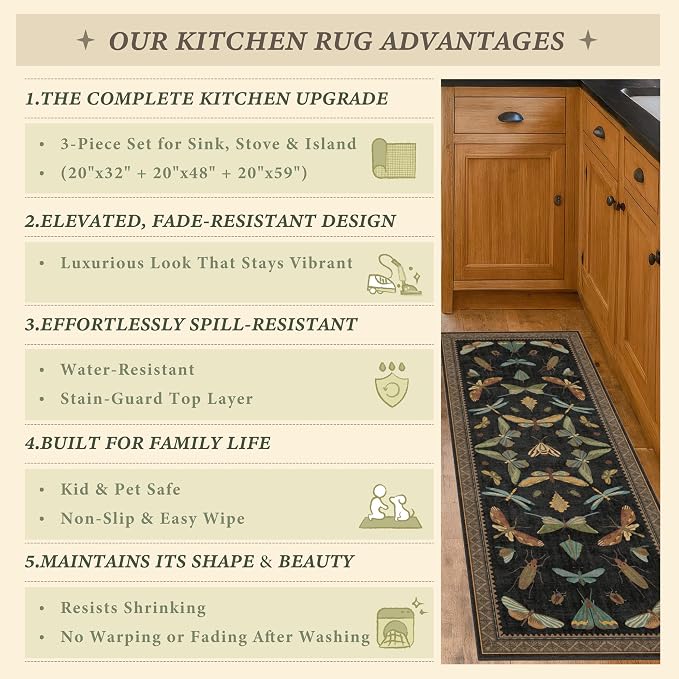 JTJ Insect Botanical Kitchen Rug Set 3 Piece, Vintage Whimsical Runner Rugs