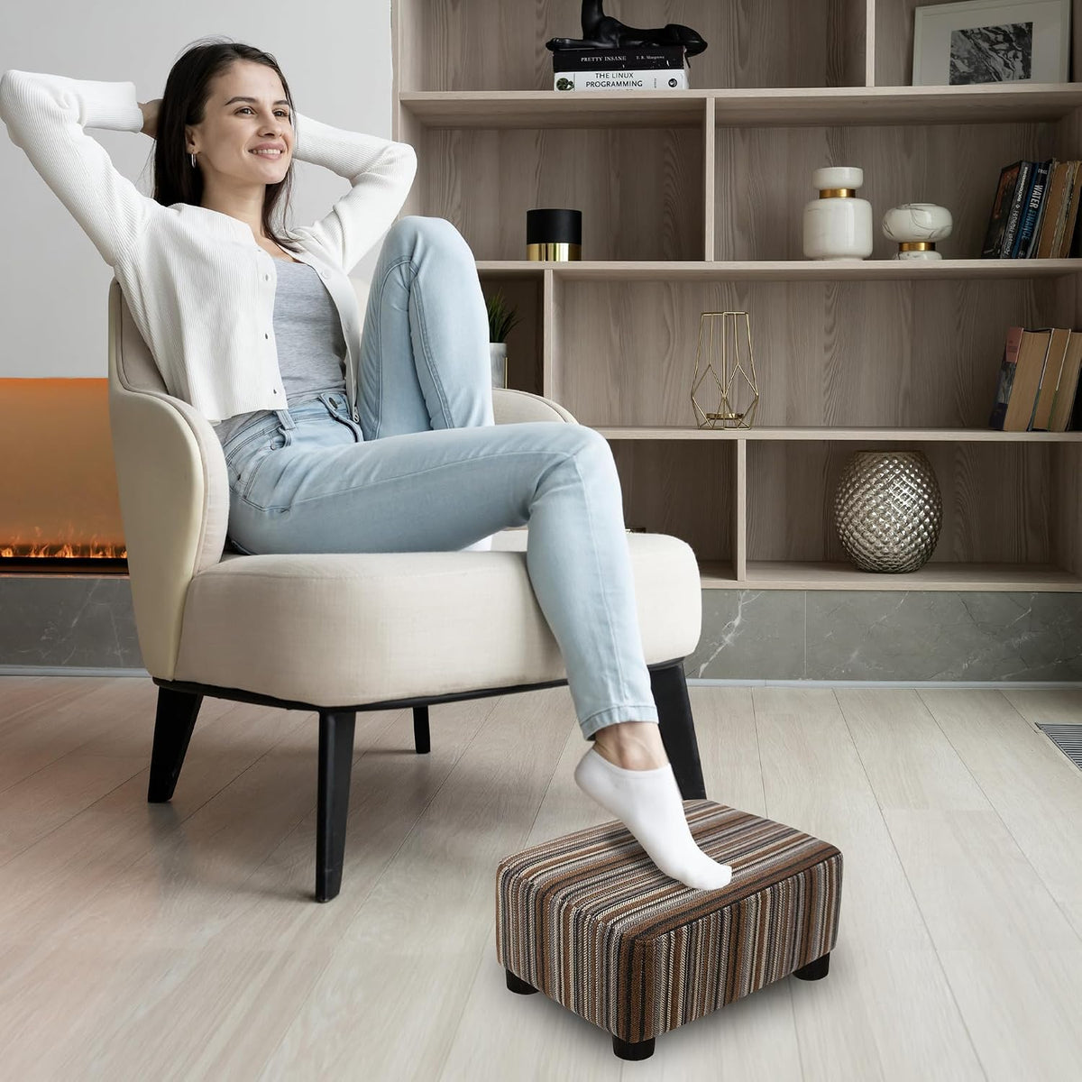 CAROLMADE Small Foot Stool Ottoman Footstool with Legs Under Desk Footrest for Living Room Bedroom and Office,Linen-Stripe Brown