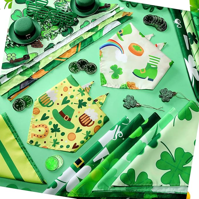 100 Pcs St. Patrick's Day Dog Bandanas Irish Pet Bandanas Bulk Holiday Green Four Leaf Clover Triangle Pet Bibs Scarf for Medium Large Dog St. Patricks Day Irish Festival Costume Decor